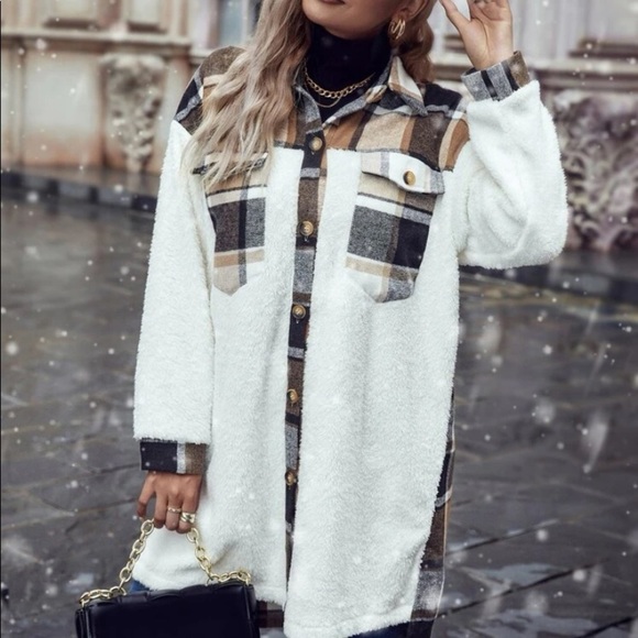 New plaid white button down Teddy jacket - Picture 1 of 8